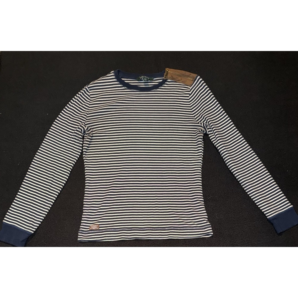 Lauren Ralph Lauren Striped Knit Pullover Suede Zipper Shoulder Women's Size Med